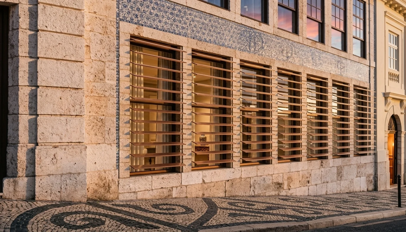 Boutique hotel facade in Lisbon with integrated brise-soleil solar protection and south-facing windows