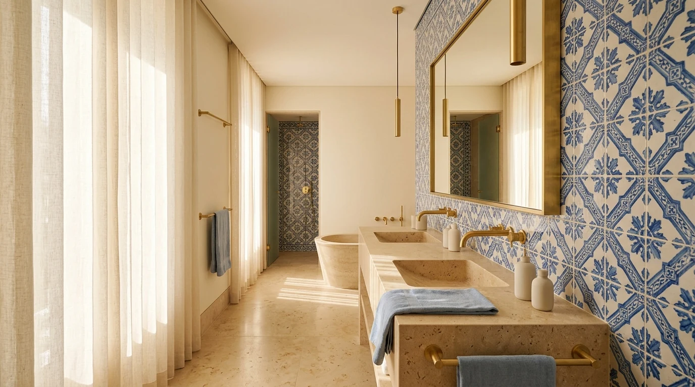 Lisbon hotel suite interior with traditional azulejo, high thermal mass materials and filtered natural light