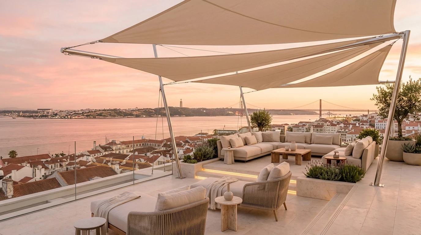 Luxury hotel rooftop in Lisbon at sunset with Tagus river views, outdoor furniture and golden Atlantic light