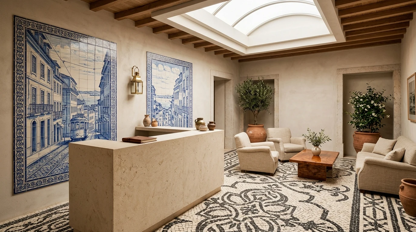 Boutique hotel common area in Lisbon with calçada portuguesa paving, diffuse natural light from skylight and azulejo in blue and white tones