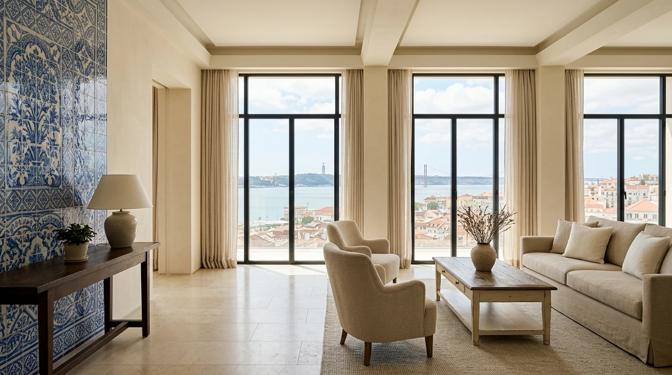 Luxury hotel suite in Lisbon with full-height windows facing the Tagus river, white Atlantic midday light and sand and limestone materials