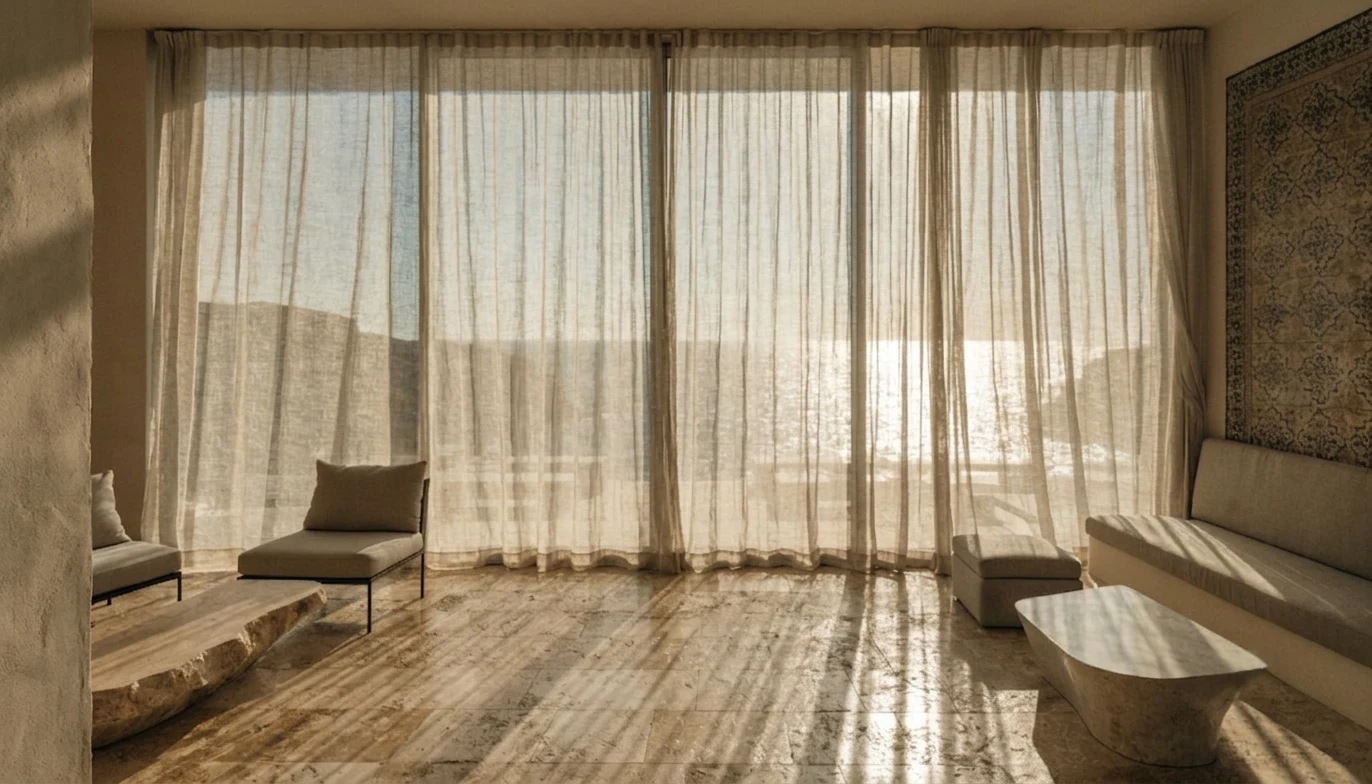 Luxury resort lobby in the Algarve with Atlantic light and local materials