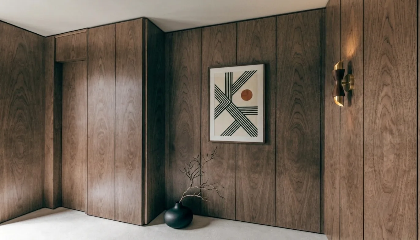 Contemporary smoked-oak boiserie with a concealed door, wood wall panelling