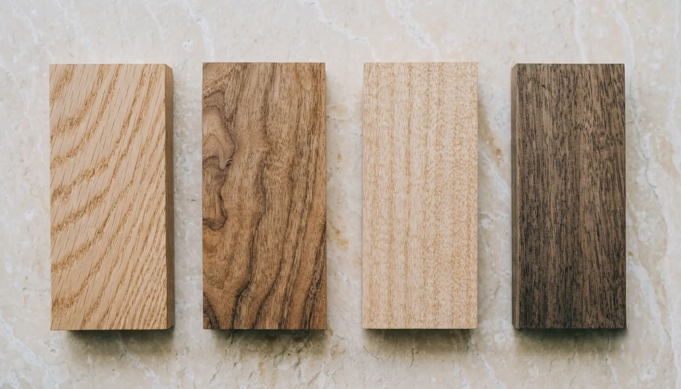Oak, walnut, ash and teak samples for selecting wood by function in interior design