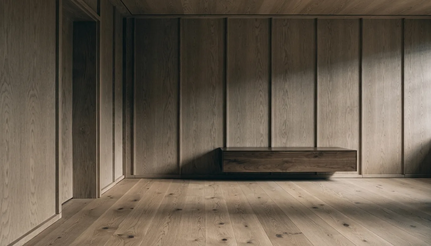 Contemporary neoclassical living room with oak panelling and flooring, wood in luxury interior design