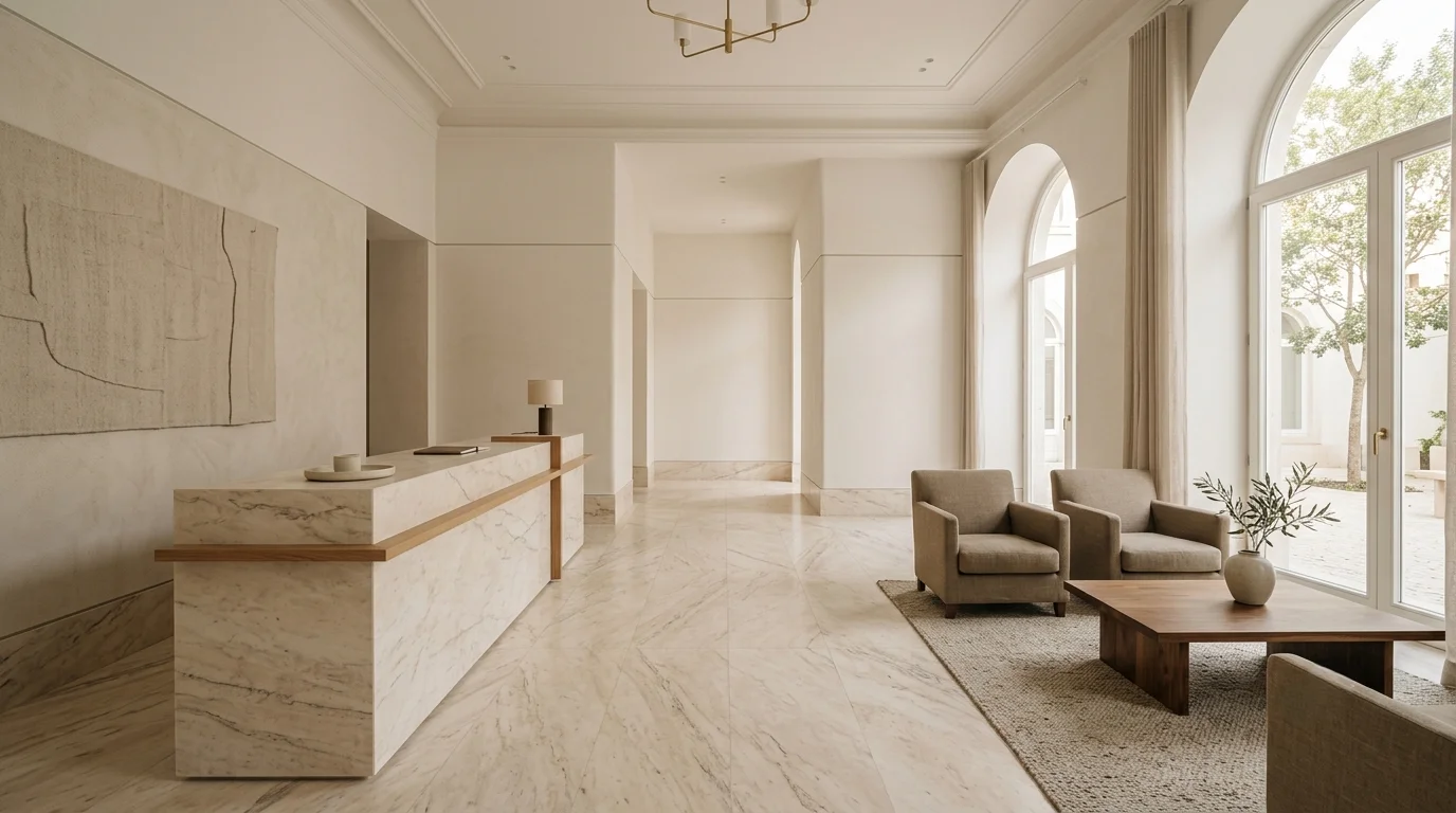 Hotel lobby with Estremoz cream marble floor and reception desk, honed finish
