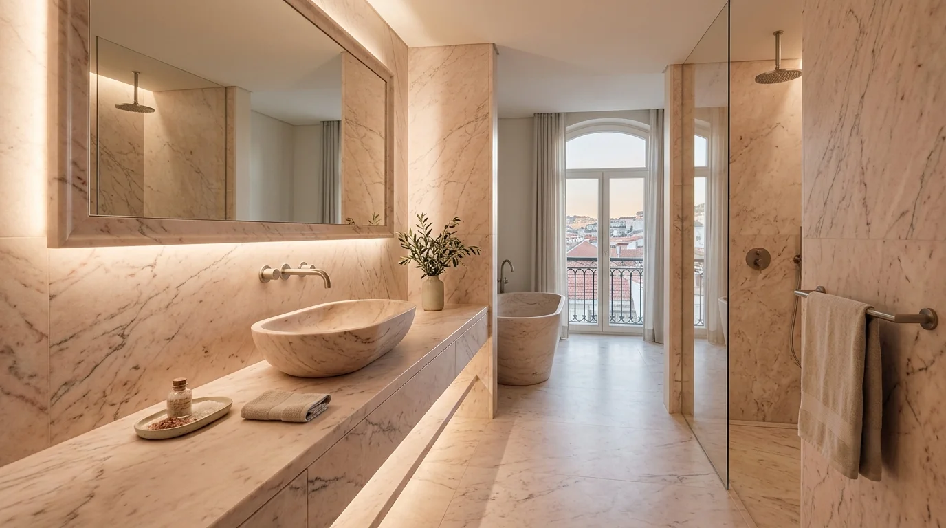 Hotel suite bathroom clad in rose Estremoz marble, honed finish