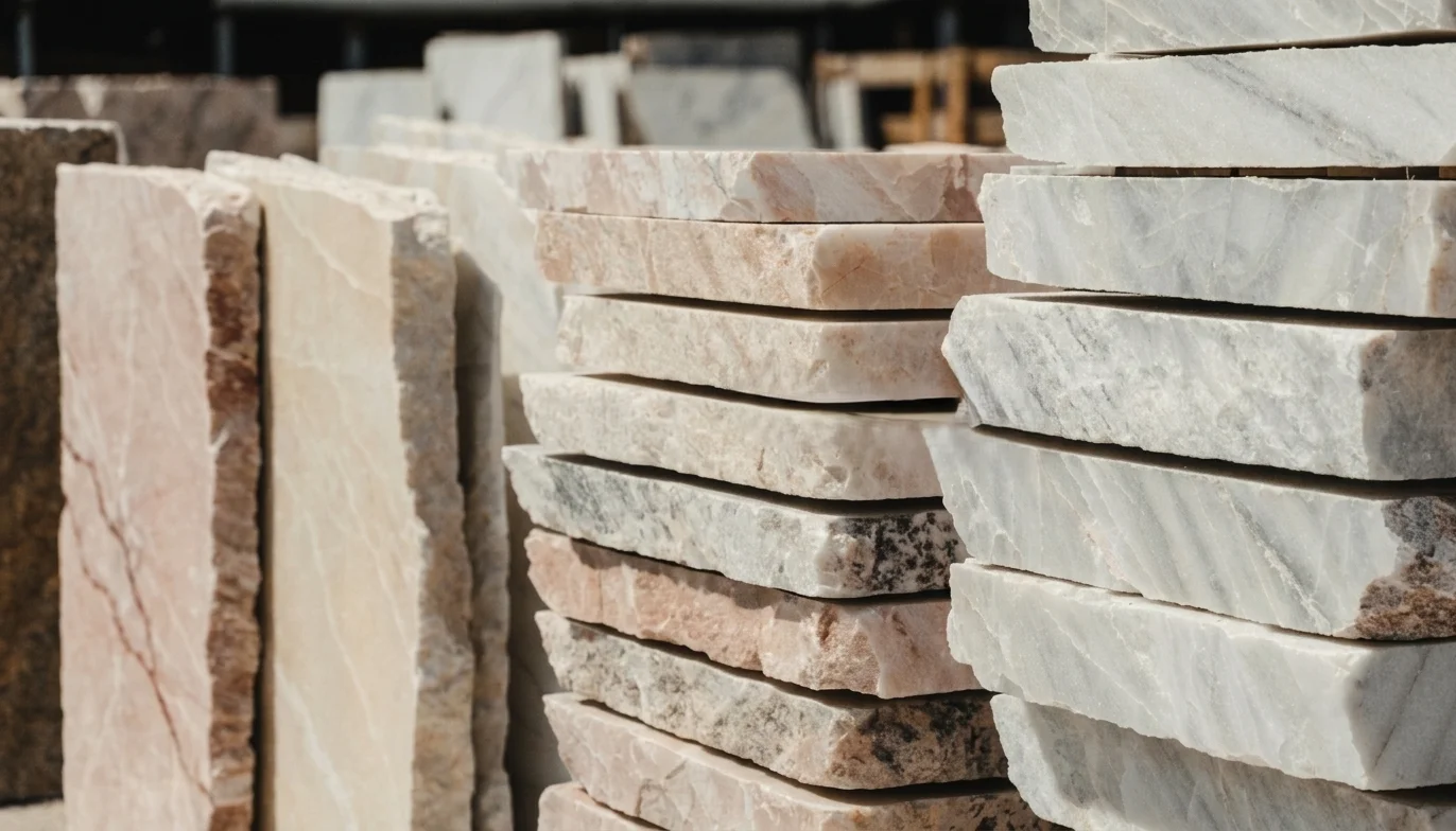 Estremoz marble slabs in white, cream and rose varieties showing natural veining