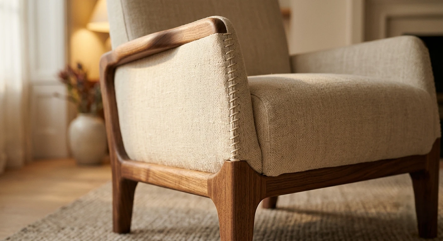 Detalhe de poltrona de designer com estofado artesanal em linho natural e estrutura em madeira de nogueira
