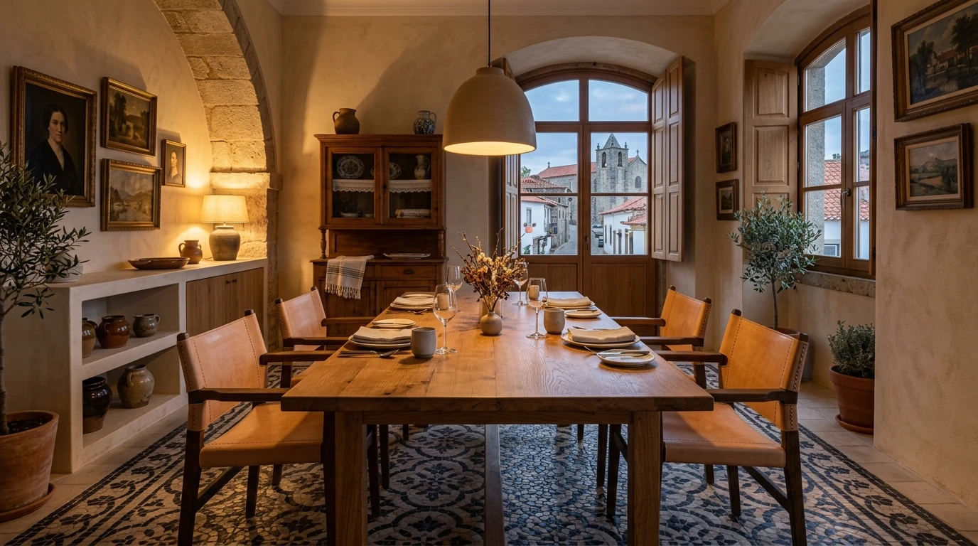 Sala de jantar de hotel boutique em Portugal com mesa de autor sobre pavimento de calçada portuguesa