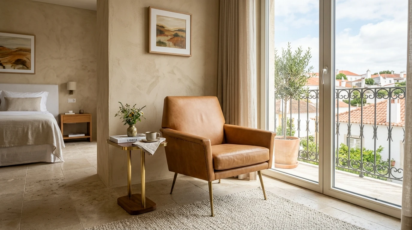 Suite de hotel boutique em Portugal com cadeira de autor portuguesa em couro natural e estrutura de latão