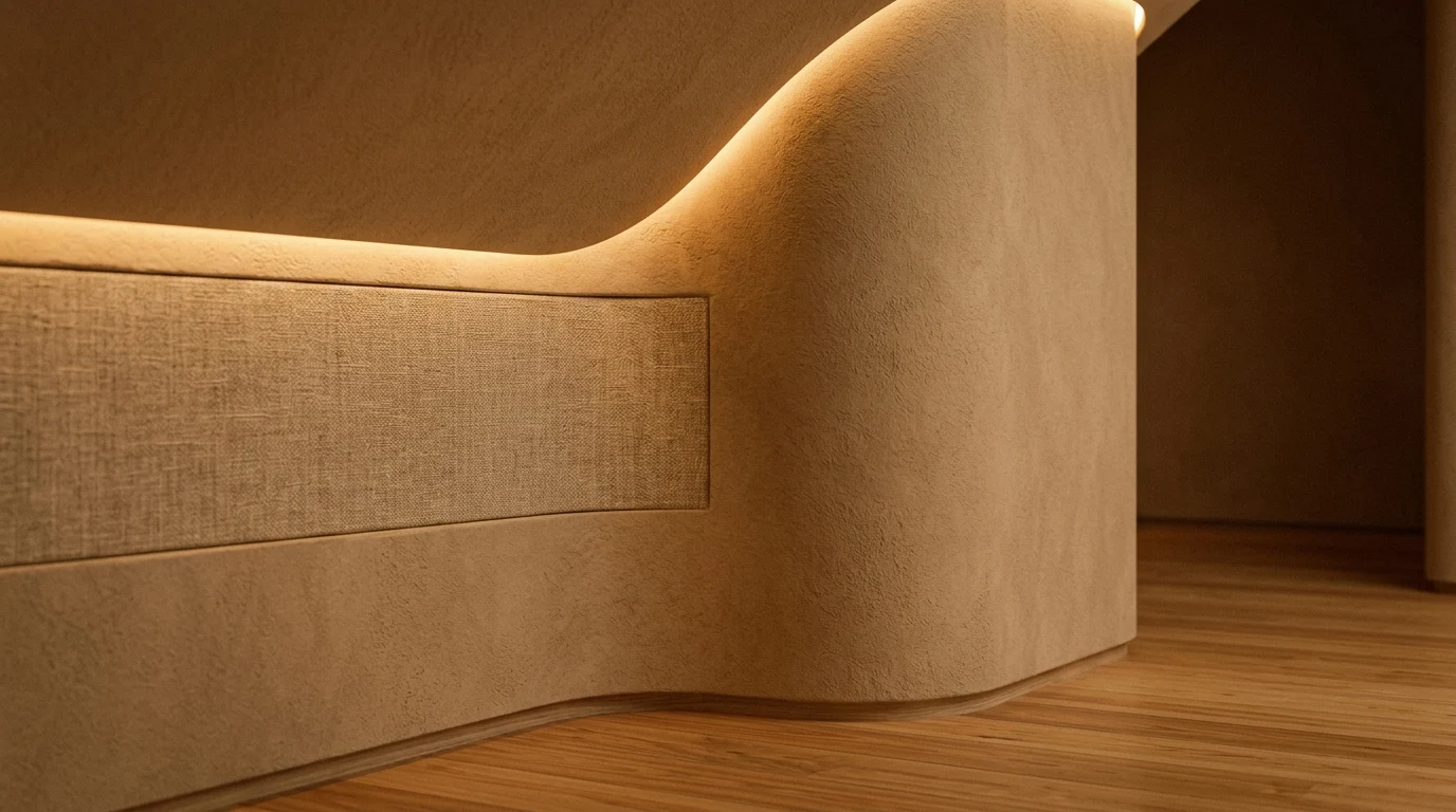 Detail of a curved corner between wall and low bench with integrated linen panel and hidden LED lighting, over natural wood flooring