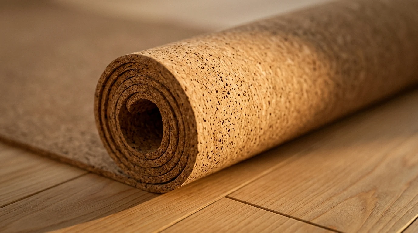 Roll of natural cork matting on a wood floor, an acoustic insulation and tactile comfort material