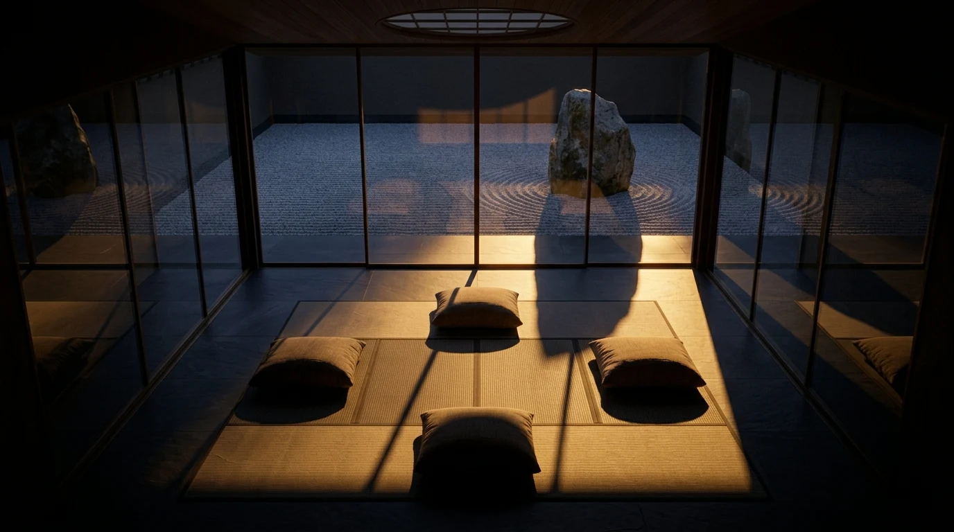 Dimly lit meditation room with tatami and cushions, viewed through glass onto a raked-gravel and rock zen garden beneath a skylight