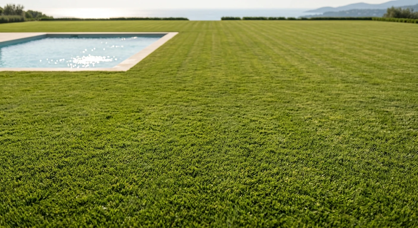 Exterior garden with lawn, pool and sea view, a sensory transition zone before the meditation room