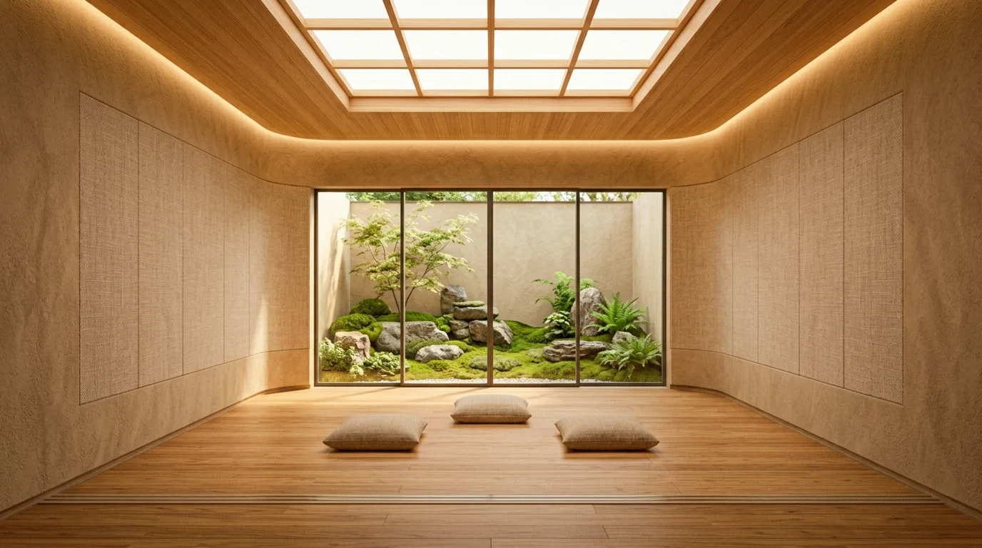 Bright meditation room with grid skylight, meditation cushions, curved wood and linen walls, and view to an interior moss and stone garden