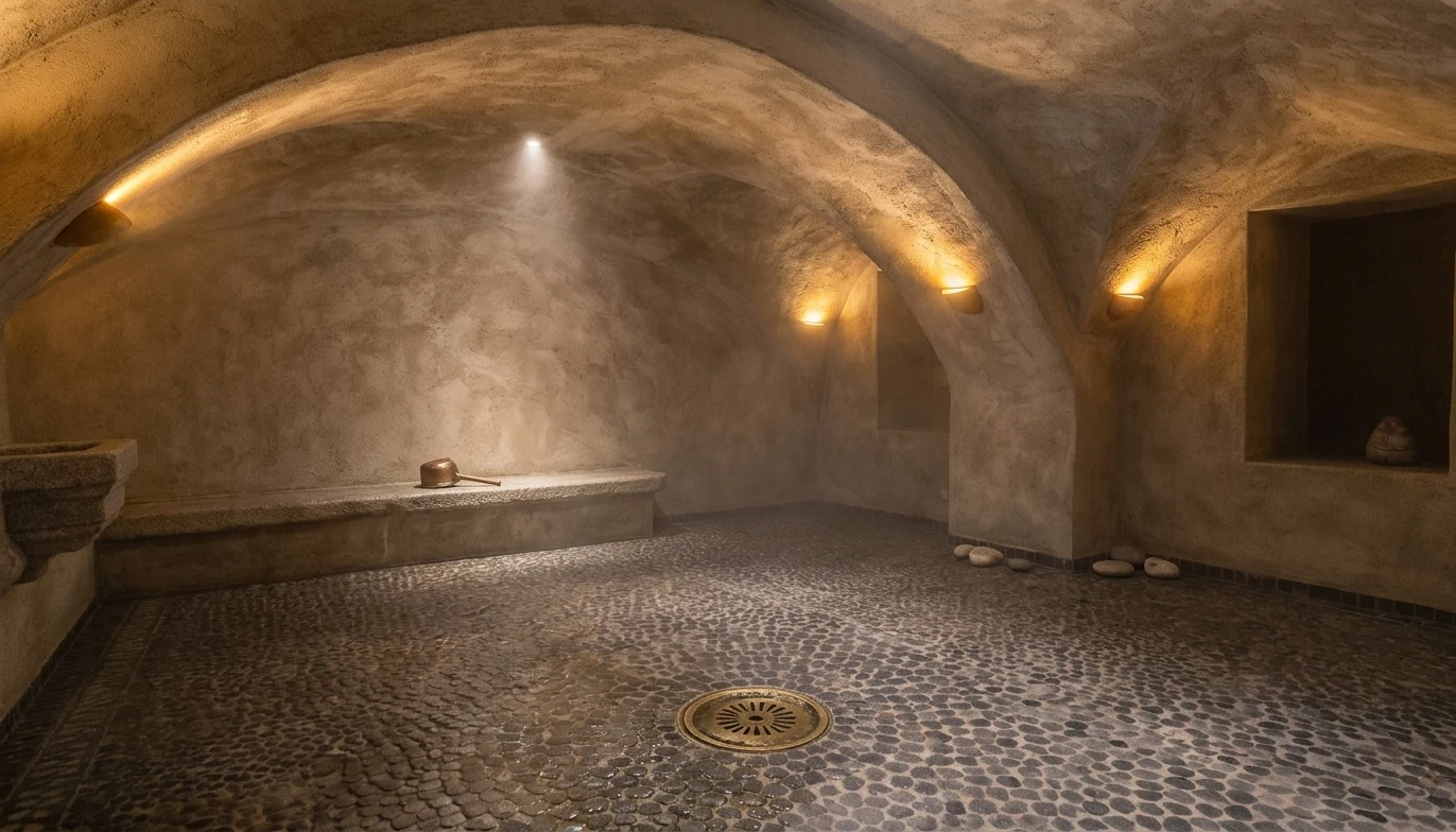 Hammam privado de hotel con suelo de mármol oscuro texturado y sumidero central con pendiente correcta