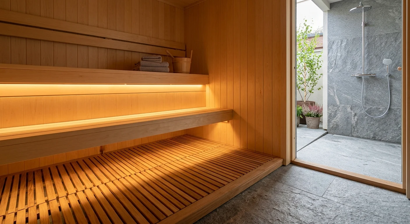 Interior de sauna finlandesa con pavimento de teca natural y transición a zona de ducha de piedra exterior