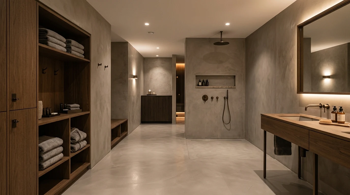 Vestuario de spa de hotel con microcemento sellado en gris cálido, suelo radiante y ducha sin mampara