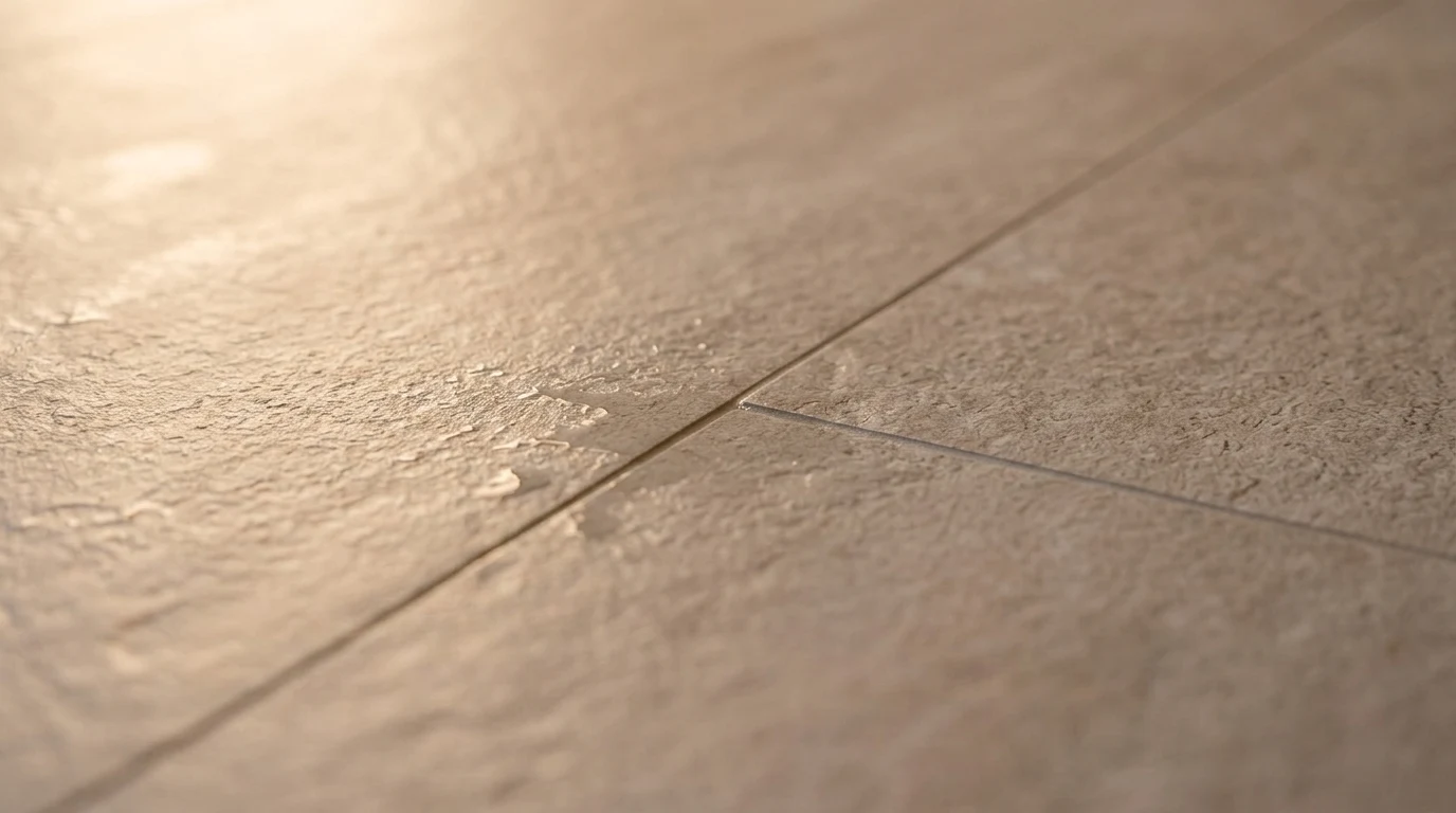 Detalle de junta mínima en gres porcelánico de gran formato 120x60cm en zona húmeda de spa con luz cálida