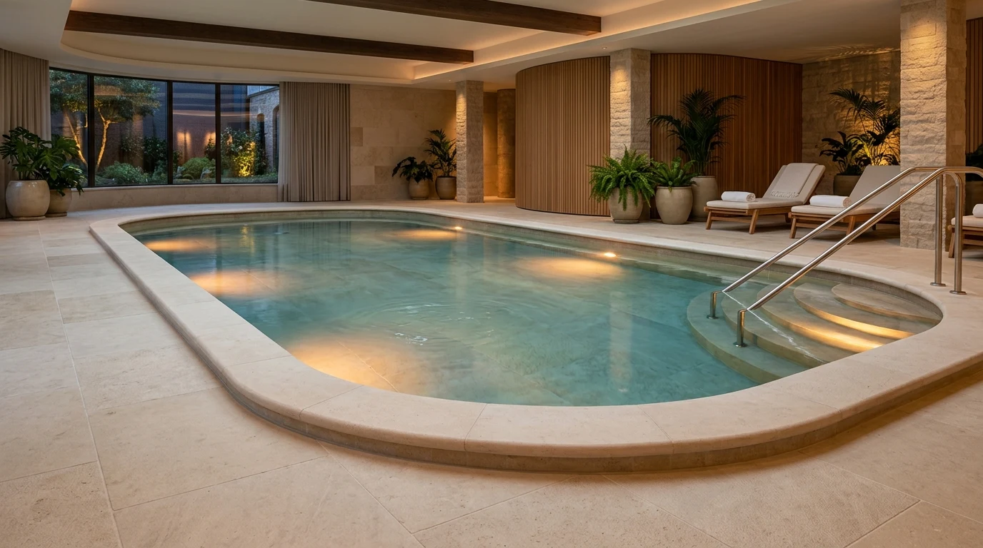 Zona de piscina interior de spa en hotel de lujo con pavimento de caliza antideslizante en tono crema y borde redondeado