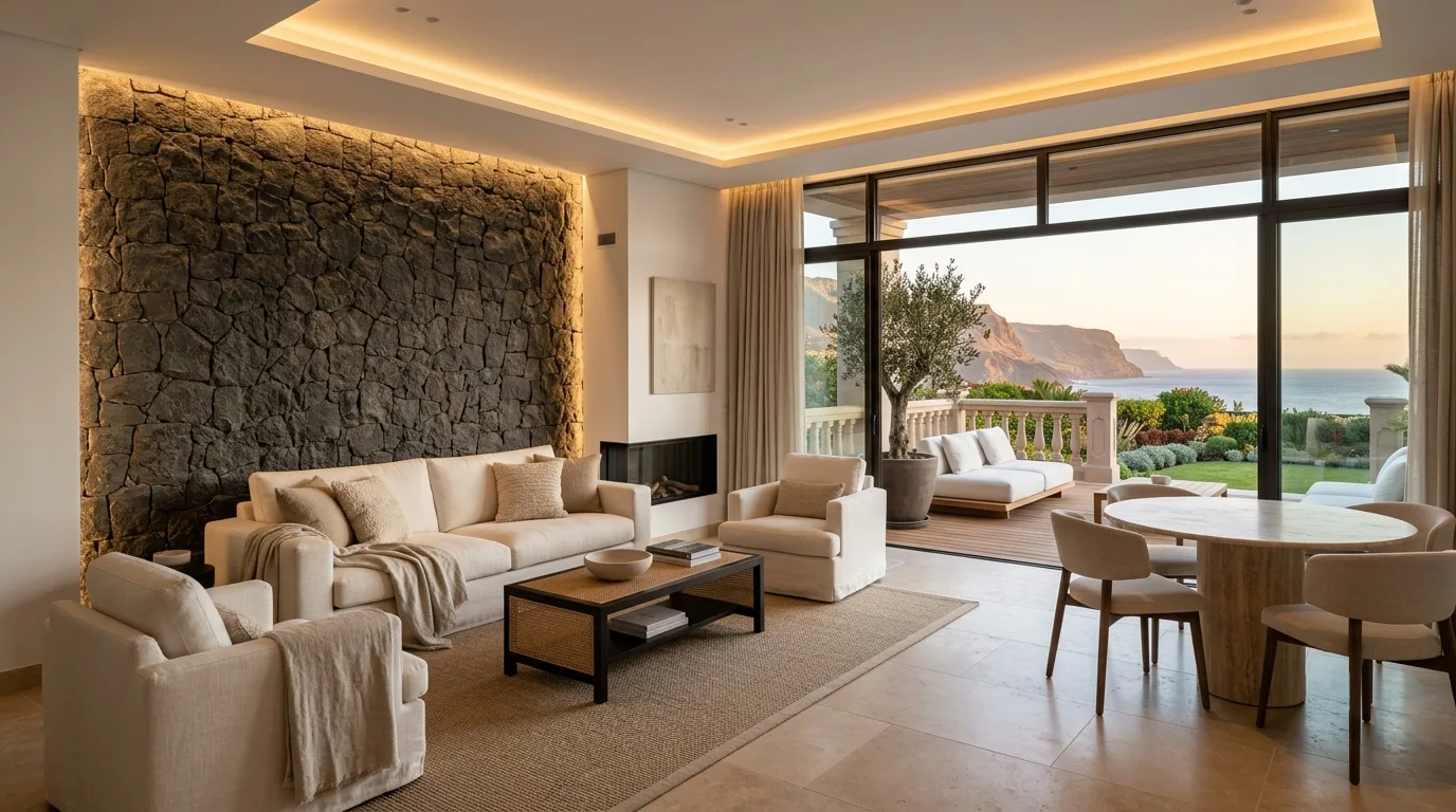 Muro de piedra basáltica en salón de villa en Canarias