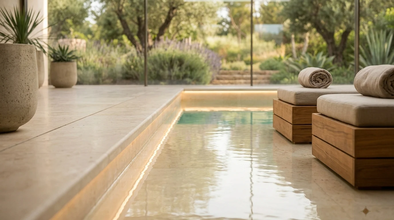Borde de piscina interior en caliza natural con zona de descanso integrada y luz lateral que atraviesa el agua