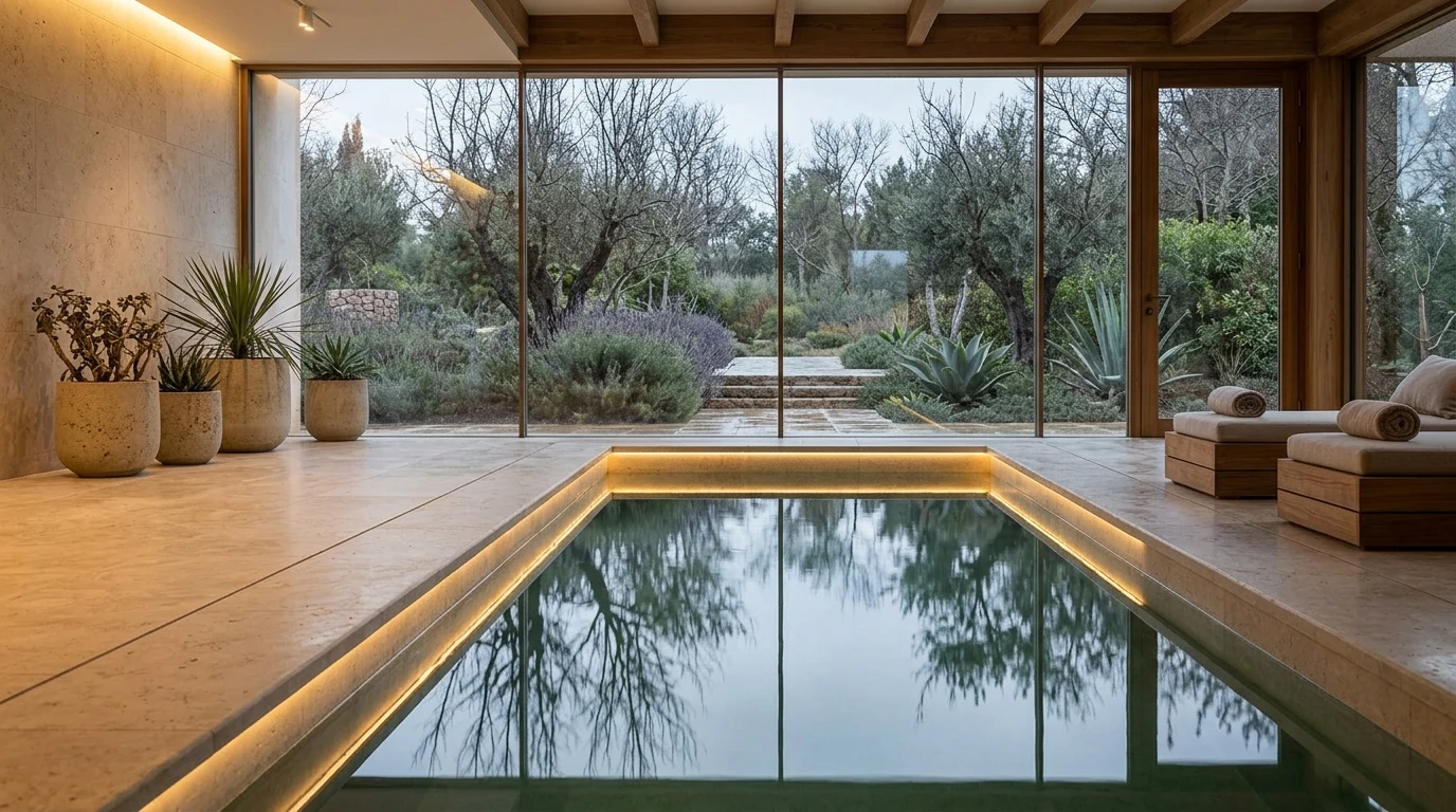 Piscina interior de villa con cubierta de madera de teca y cristal que conecta visualmente con el jardín exterior en invierno