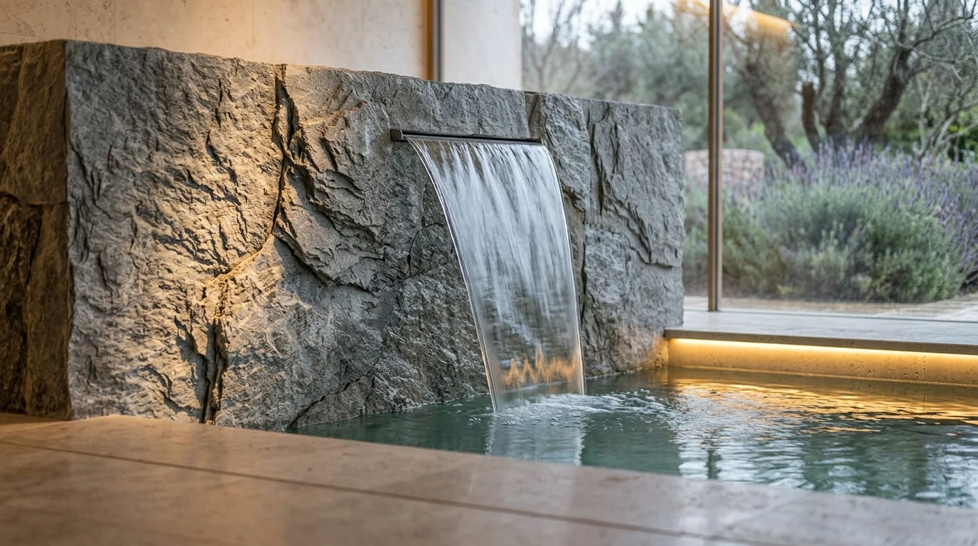Zona de hidroterapia de piscina interior con cascada integrada y luz rasante lateral que revela la textura de la piedra