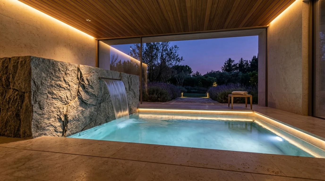 Piscina interior de villa privada al atardecer con iluminación subacuática azul y luz perimetral ámbar reflejada en el techo de madera