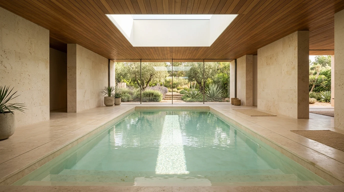 Piscina interior de villa privada de lujo con luz natural cenital, revestimiento de caliza y zona de descanso integrada