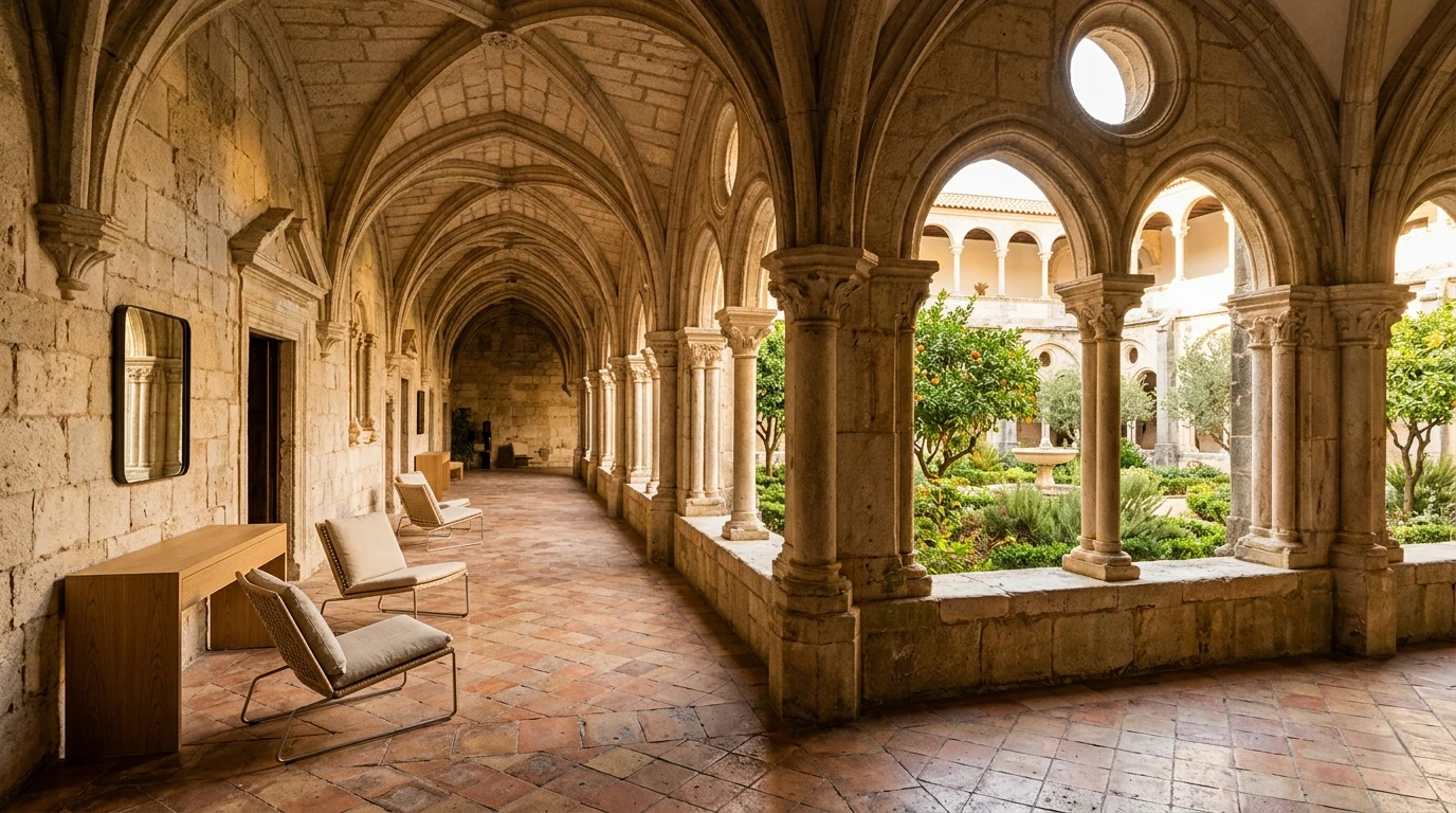 Historic Portuguese convent cloister rehabilitated as a luxury pousada, with contemporary furniture against original stone
