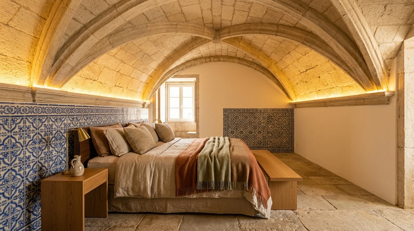 Quarto de pousada histórica em Portugal com abóbada de pedra, azulejo original e iluminação indirecta quente