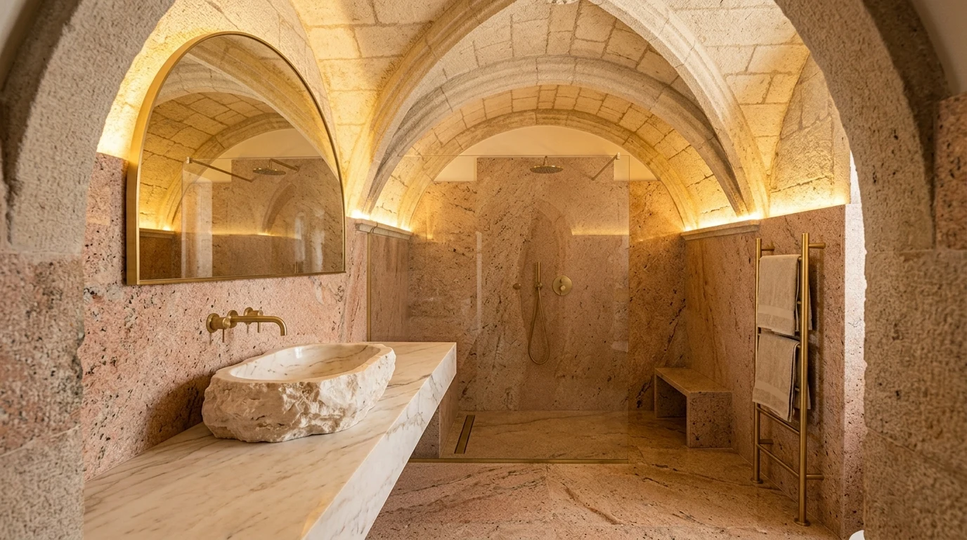 Casa de banho de pousada histórica em Portugal com granito rosa local e tampo em mármore de Estremoz