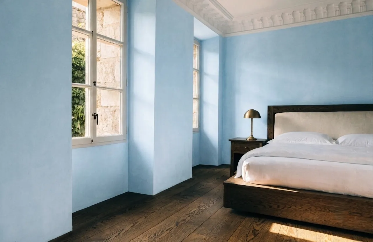 Quarto de hotel boutique em palacete lisboeta com azulejaria original conservada e mobiliário contemporâneo