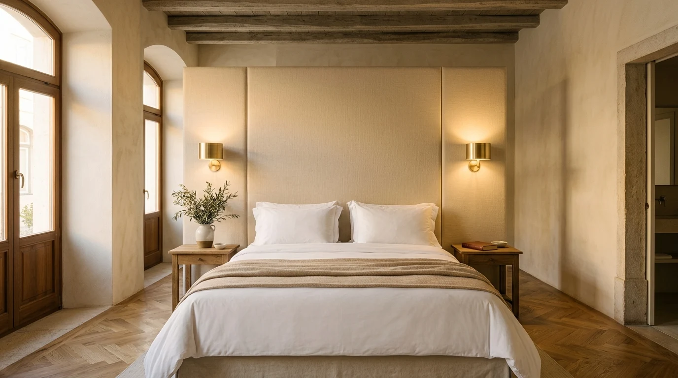 Renovated boutique hotel room in Portugal with centred bed, floor-to-ceiling headboard and layered lighting