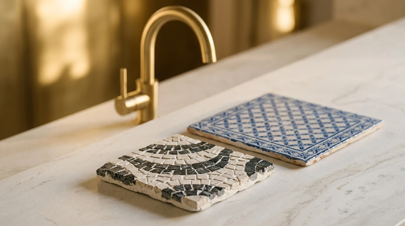 Material detail that defines the category change: calçada portuguesa, handmade azulejo and brushed brass tap