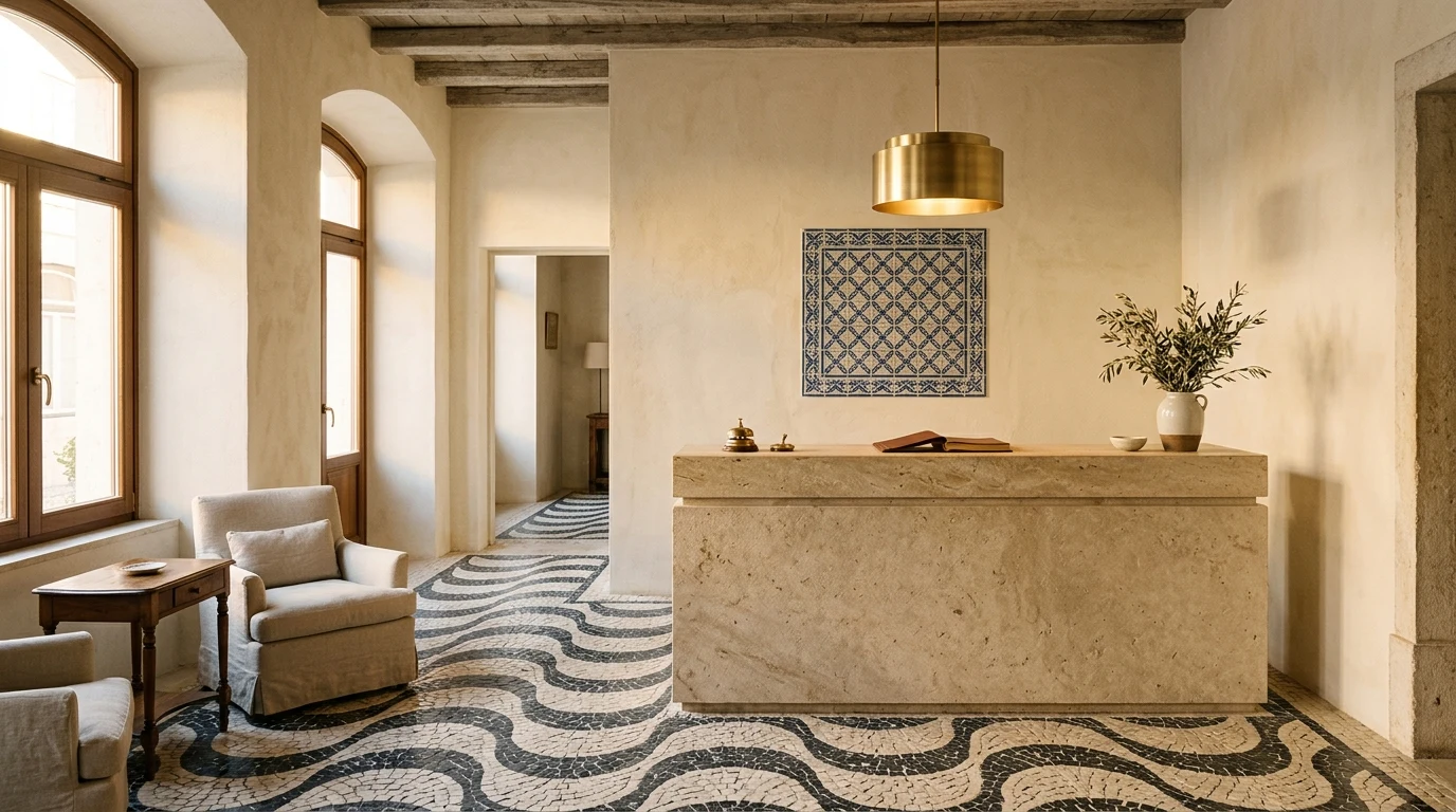 Renovated boutique hotel lobby in Portugal with noble materials, calçada portuguesa and brass lighting