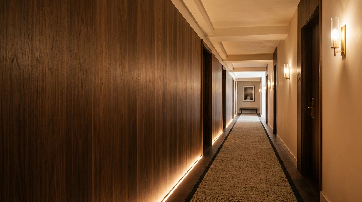 Corredor de hotel boutique com painel de madeira de nogueira em veta natural, iluminação indirecta quente