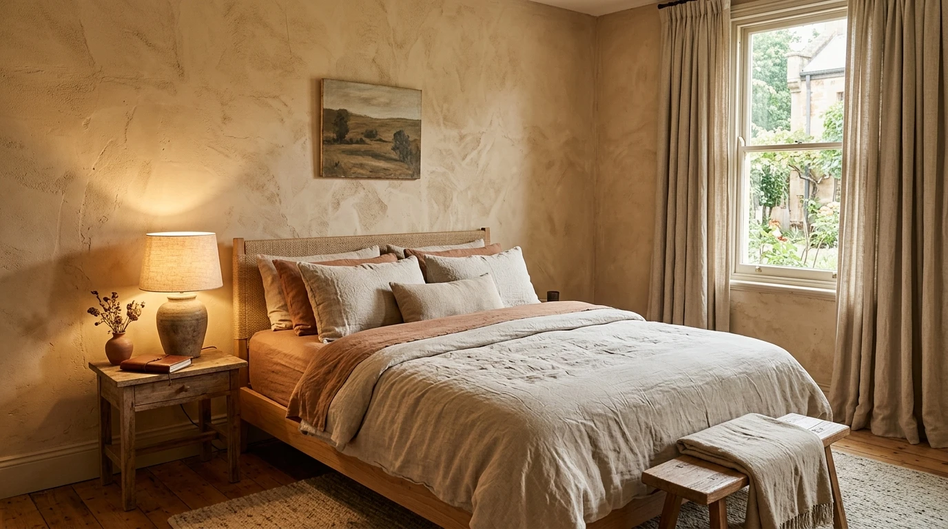 Quarto de hotel boutique com revestimento de argila natural em tom areia, textura manual visível e luz quente