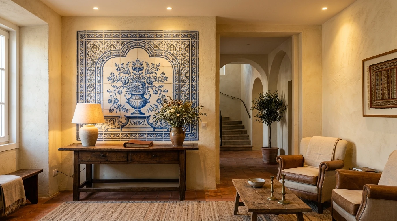Zona comum de hotel boutique em Portugal com painel focal de azulejo artesanal em tons azul e branco