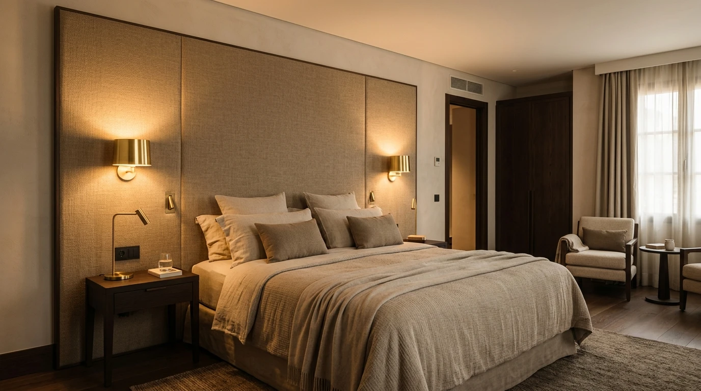 Suíte de hotel de luxo com têxtil tensado em parede de cabeceira, tom areia profundo e apliques simétricos