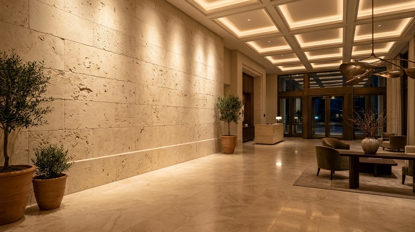 Lobby de hotel de luxo com revestimento de pedra calcária natural e luz rasante que revela a textura