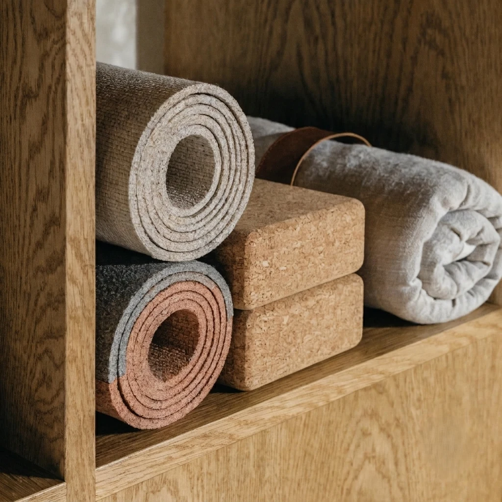 Detail of yoga mats and cork blocks on oak shelving