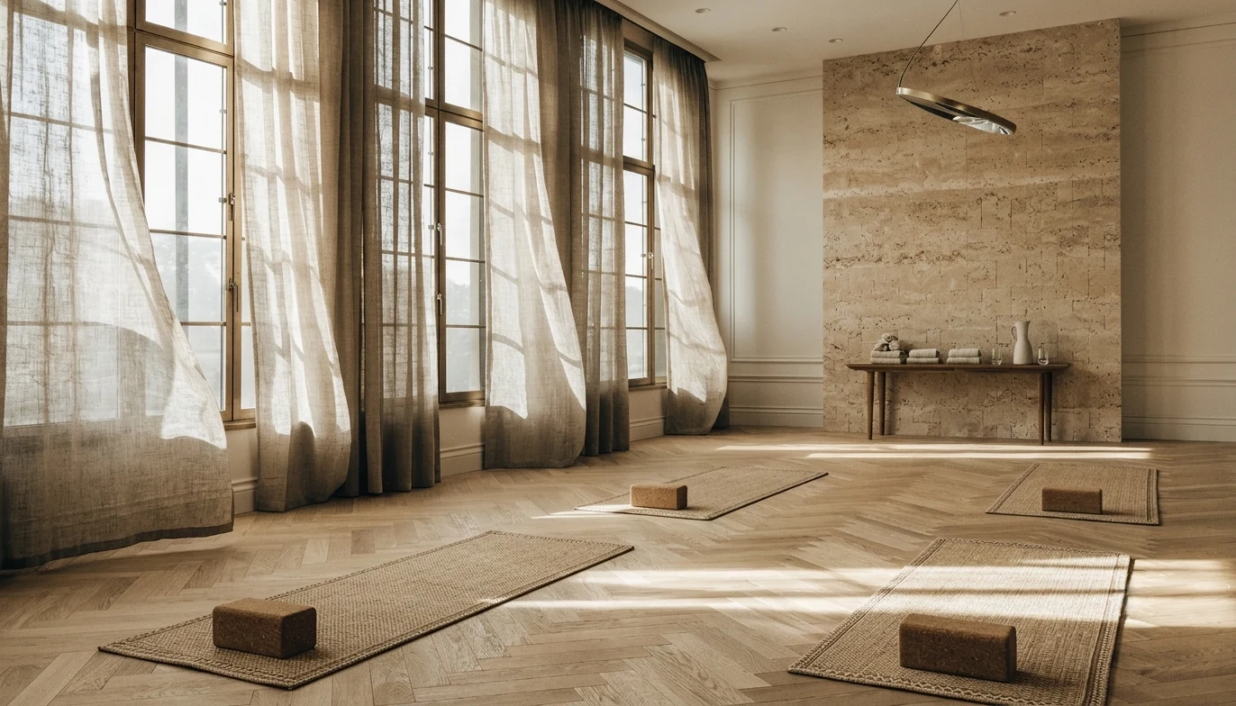 Hotel yoga room set up for a small group class