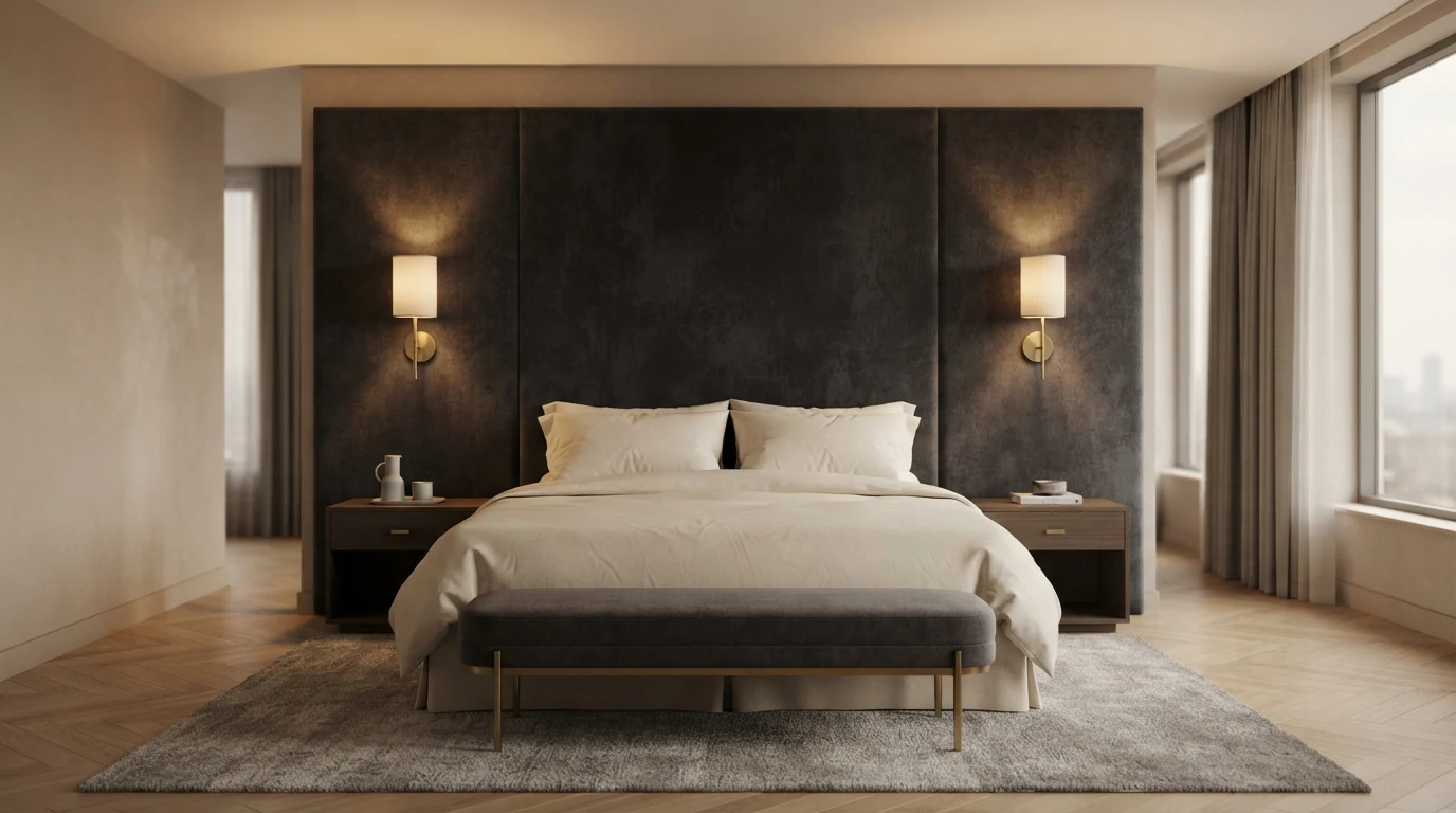 Presidential suite master bedroom with floor-to-ceiling velvet headboard and symmetric brushed brass wall lights