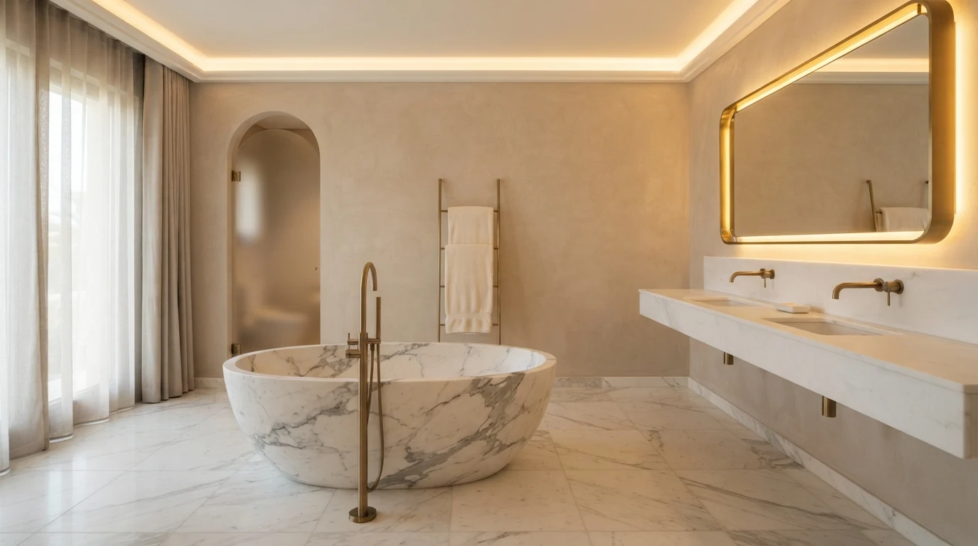 Presidential suite bathroom with freestanding oval white marble bath, double recessed basin and brushed brass taps