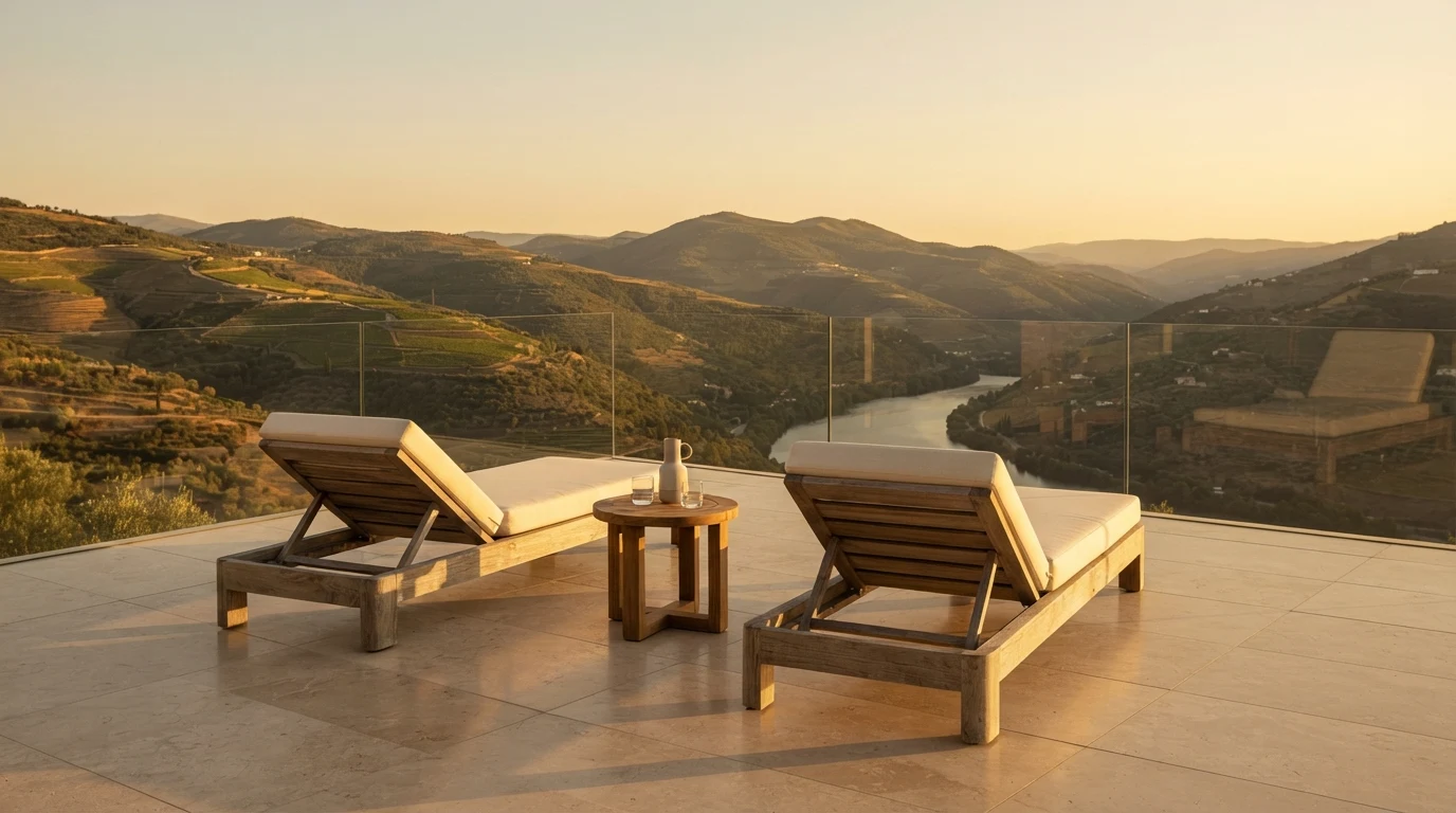 Presidential suite private terrace with landscape views, two teak outdoor loungers and dining table for four