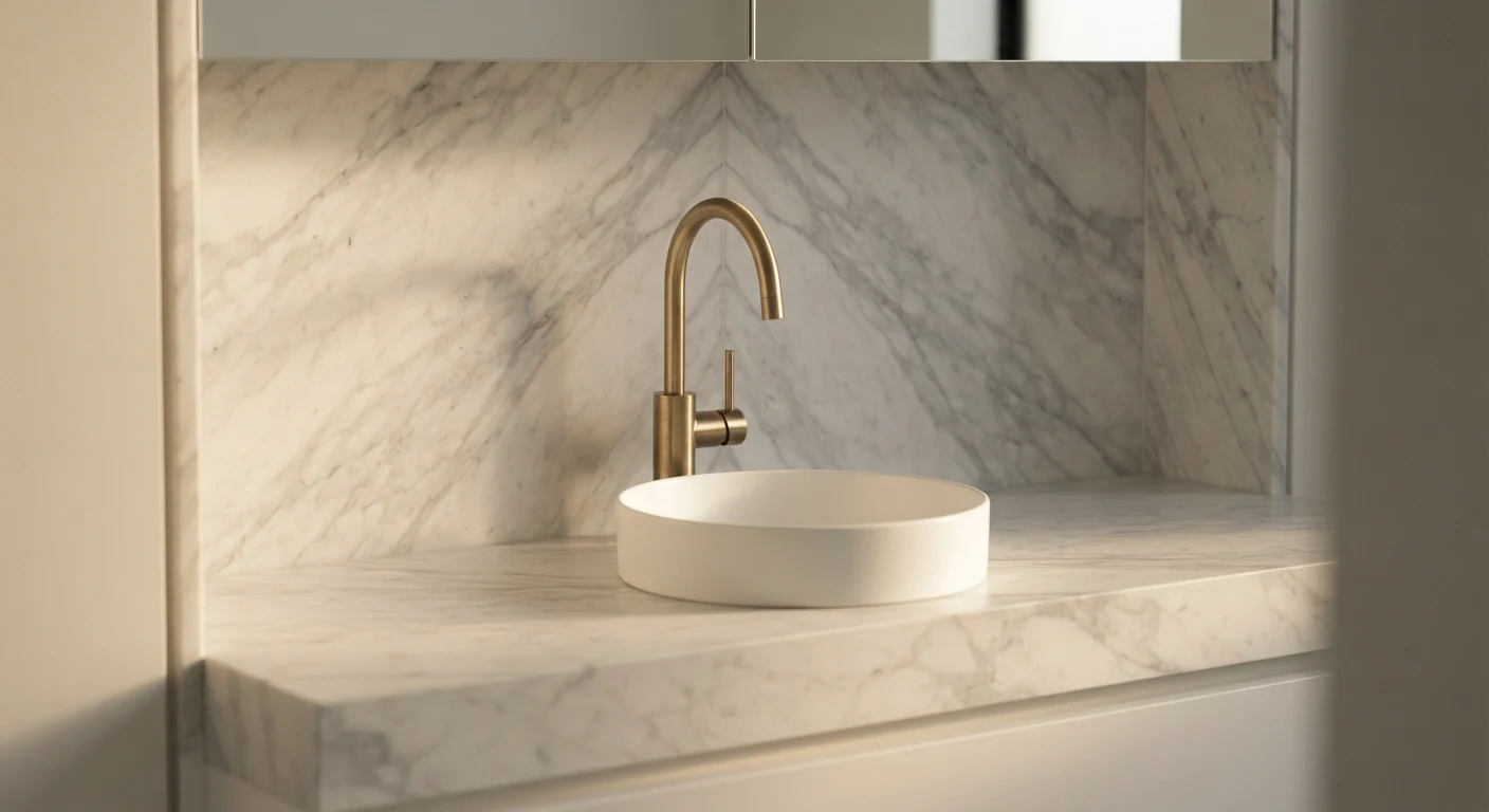 Detail of Carrara marble countertop with continuous vein and brushed brass high-spout tap in presidential suite bathroom