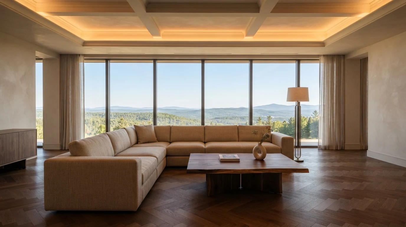 Sala de suite presidencial com proporções monumentais e mobiliário de autor
